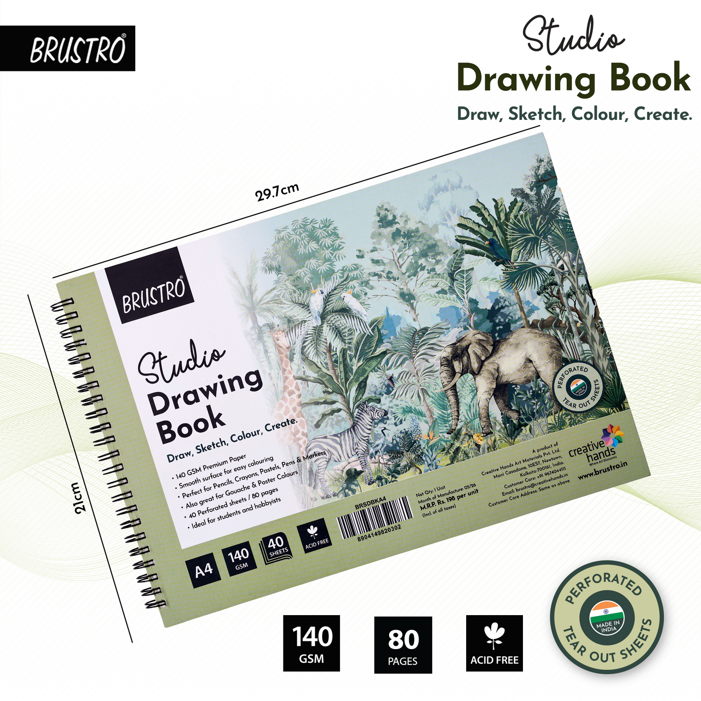 BRUSTRO Studio Drawing Book, Blank 80 Pages, Wiro Bound, A4 (8.3x11.7 inches), 140 GSM, Perforated Sheets, Acid-Free Paper| Drawing,Sketching,Shading With Colour Pencils,Crayons for Students,Hobbyists