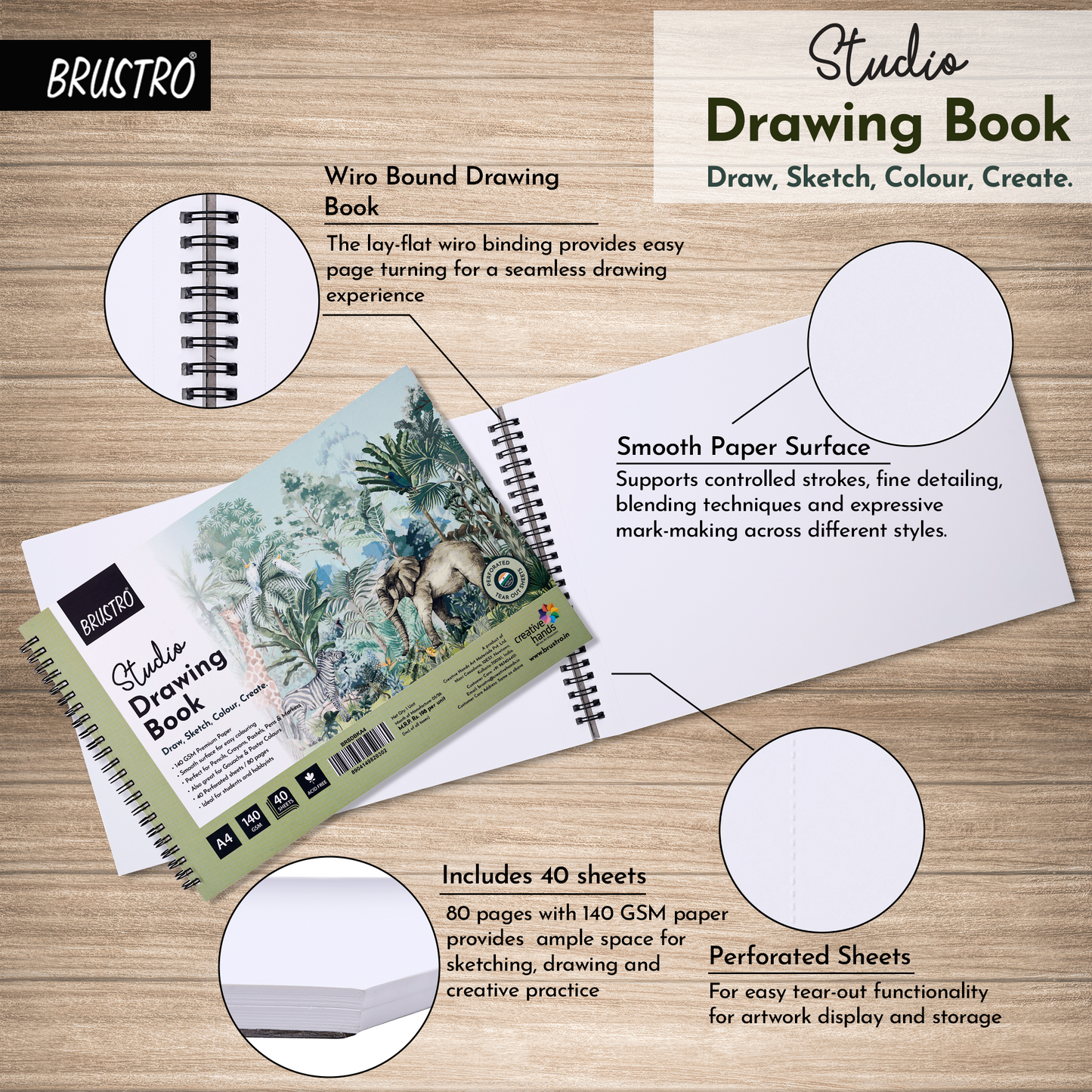 BRUSTRO Studio Drawing Book, Blank 80 Pages, Wiro Bound, A4 (8.3x11.7 inches), 140 GSM, Perforated Sheets, Acid-Free Paper| Drawing,Sketching,Shading With Colour Pencils,Crayons for Students,Hobbyists