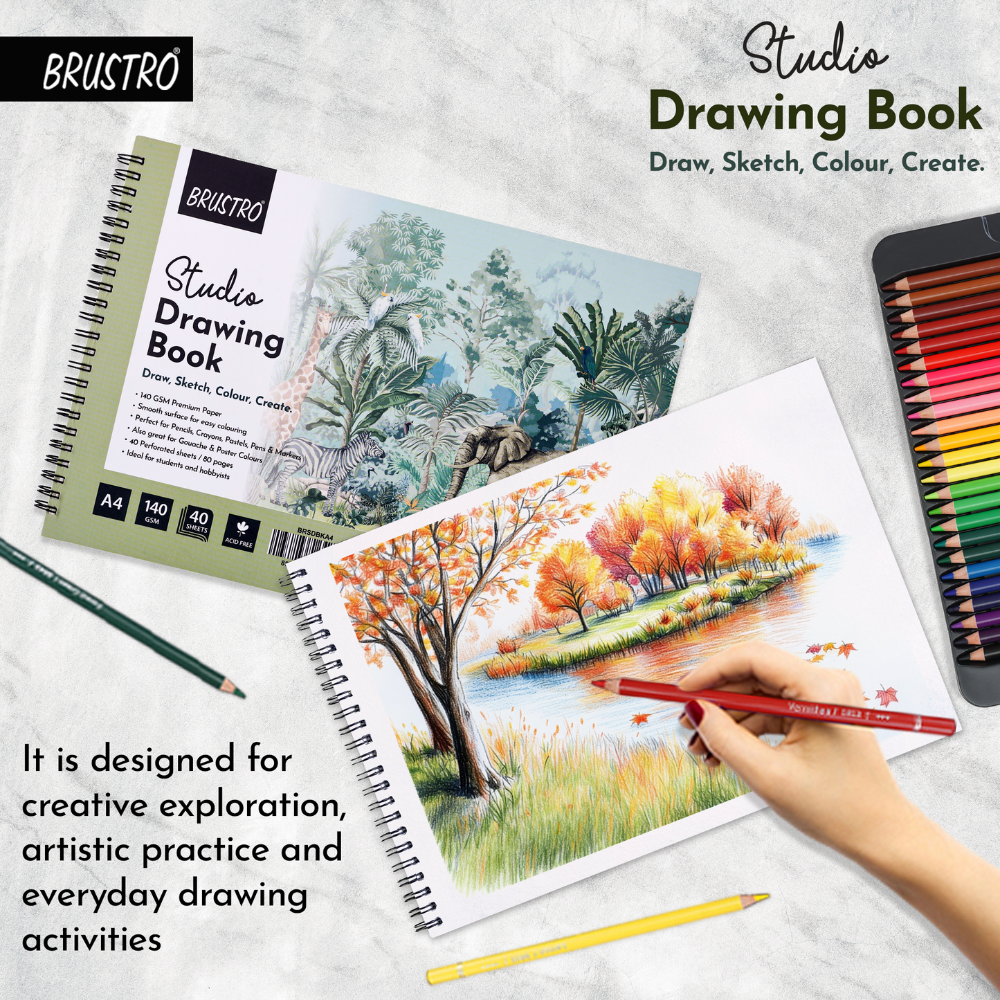 BRUSTRO Studio Drawing Book, Blank 80 Pages, Wiro Bound, A4 (8.3x11.7 inches), 140 GSM, Perforated Sheets, Acid-Free Paper| Drawing,Sketching,Shading With Colour Pencils,Crayons for Students,Hobbyists