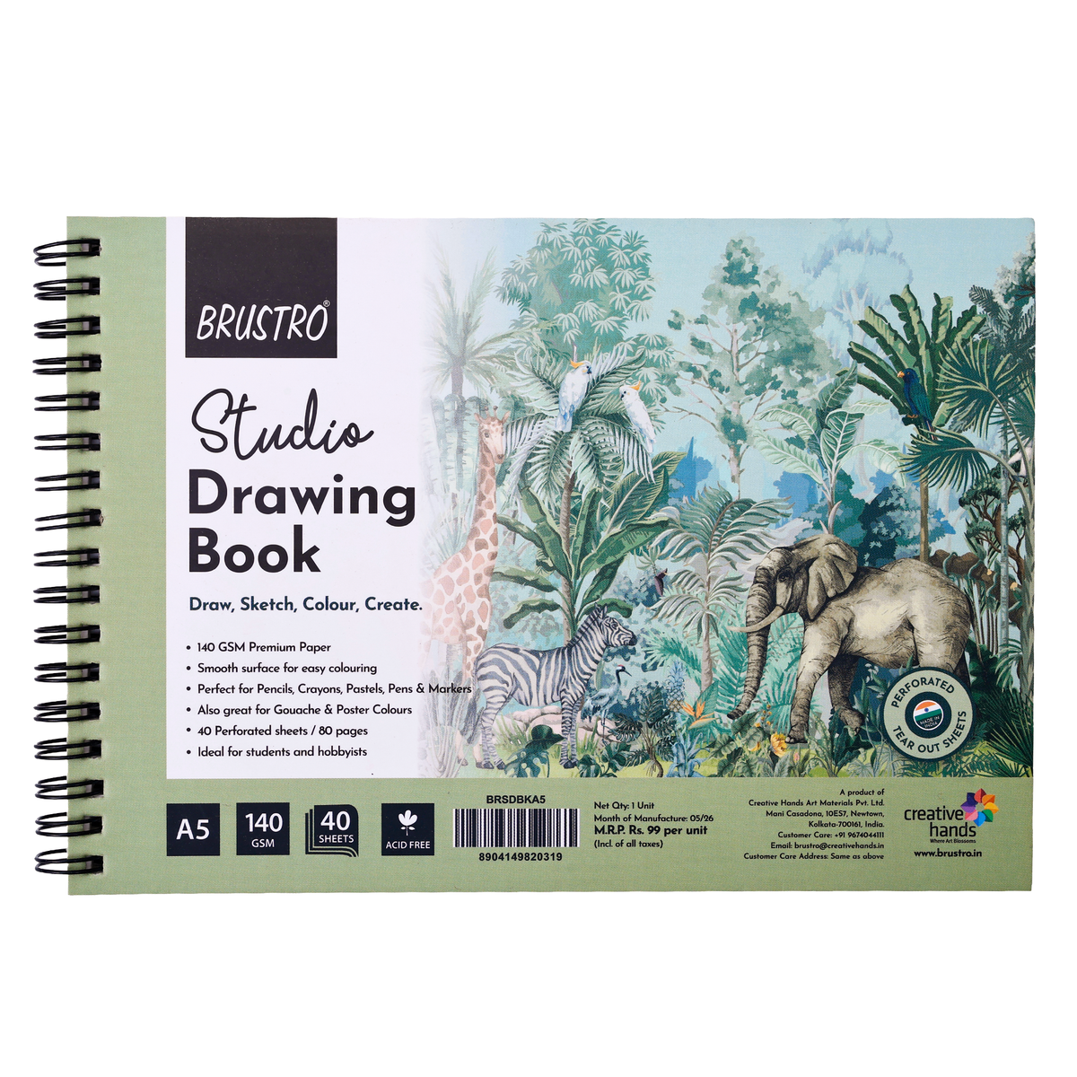BRUSTRO Studio Drawing Book, Blank 80 Pages, Wiro Bound, A5 (5.8x8.3 inches), 140 GSM, Perforated Sheets, Acid-Free Paper| Drawing,Sketching,Shading With Colour Pencils,Crayons for Students,Hobbyists