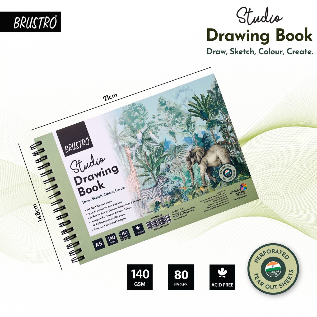 BRUSTRO Studio Drawing Book, Blank 80 Pages, Wiro Bound, A5 (5.8x8.3 inches), 140 GSM, Perforated Sheets, Acid-Free Paper| Drawing,Sketching,Shading With Colour Pencils,Crayons for Students,Hobbyists