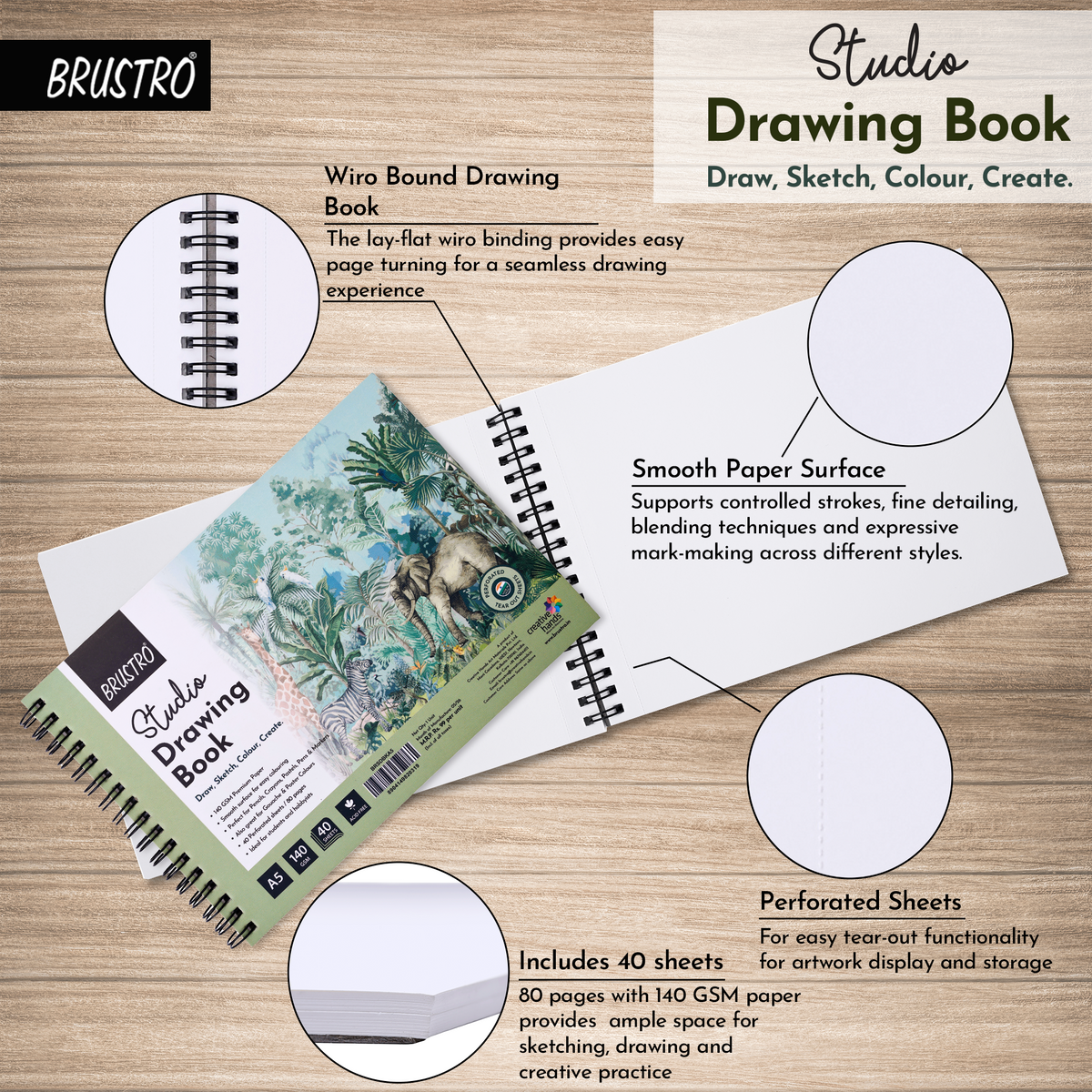 BRUSTRO Studio Drawing Book, Blank 80 Pages, Wiro Bound, A5 (5.8x8.3 inches), 140 GSM, Perforated Sheets, Acid-Free Paper| Drawing,Sketching,Shading With Colour Pencils,Crayons for Students,Hobbyists