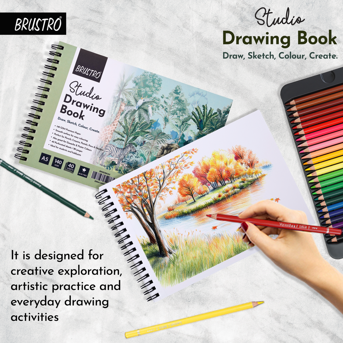 BRUSTRO Studio Drawing Book, Blank 80 Pages, Wiro Bound, A5 (5.8x8.3 inches), 140 GSM, Perforated Sheets, Acid-Free Paper| Drawing,Sketching,Shading With Colour Pencils,Crayons for Students,Hobbyists