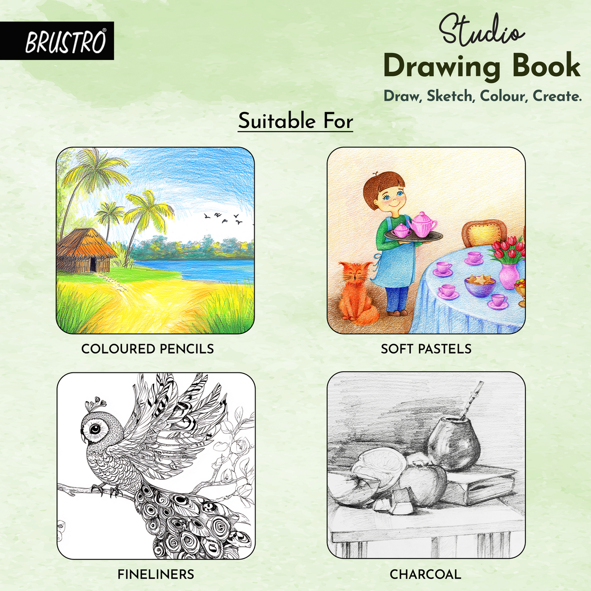 BRUSTRO Studio Drawing Book, Blank 80 Pages, Wiro Bound, A5 (5.8x8.3 inches), 140 GSM, Perforated Sheets, Acid-Free Paper| Drawing,Sketching,Shading With Colour Pencils,Crayons for Students,Hobbyists