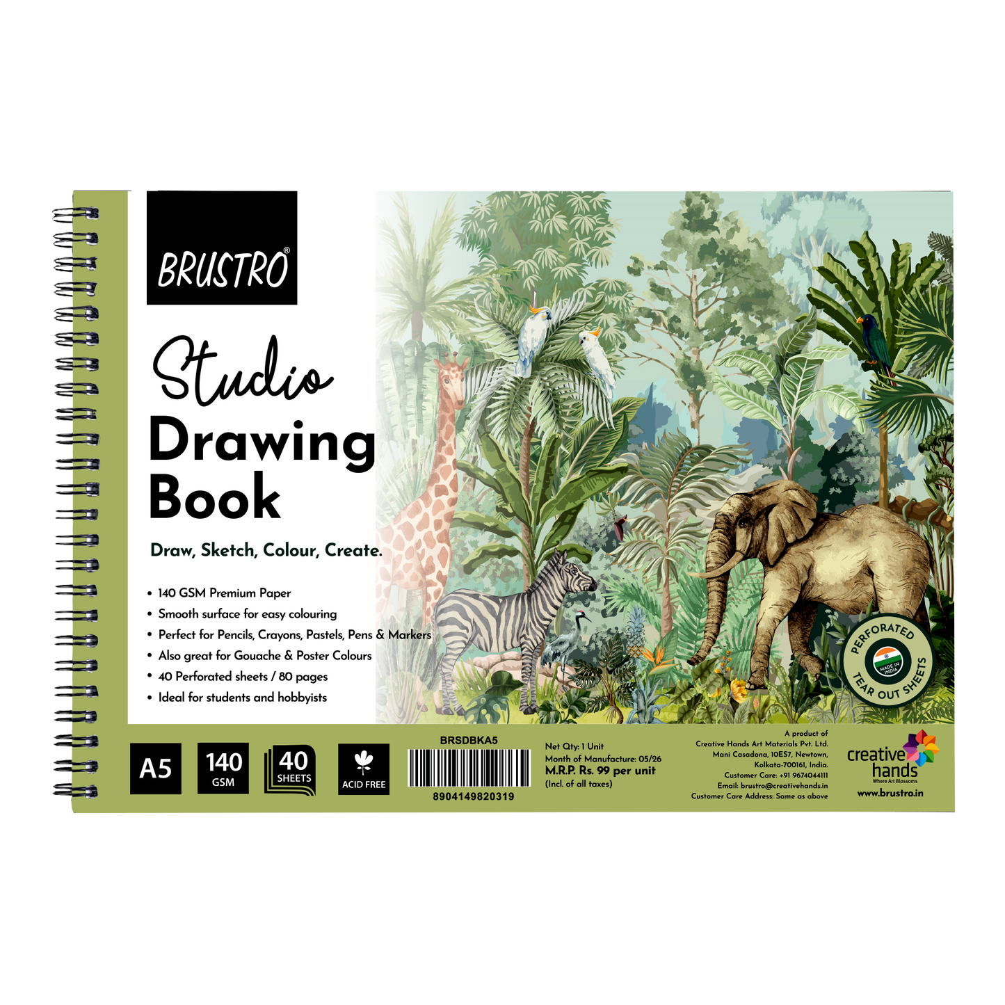 BRUSTRO Studio Drawing Book, Blank 80 Pages, Wiro Bound, A5 (5.8x8.3 inches), 140 GSM, Perforated Sheets, Acid-Free Paper| Drawing,Sketching,Shading With Colour Pencils,Crayons for Students,Hobbyists