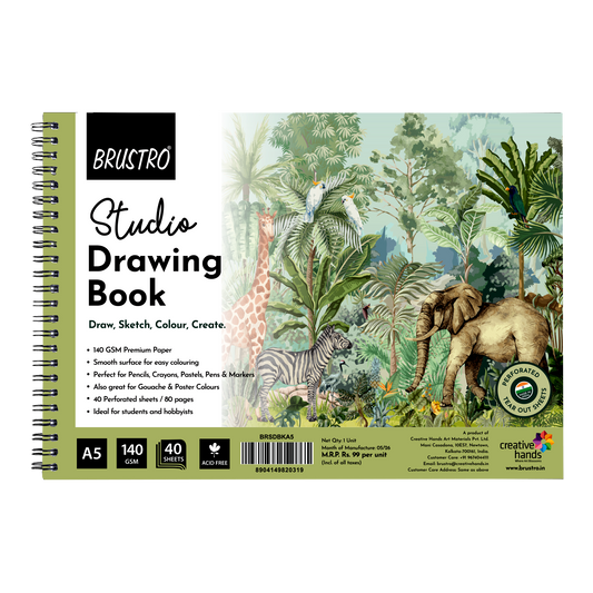 BRUSTRO Studio Drawing Book, Blank 80 Pages, Wiro Bound, A5 (5.8x8.3 inches), 140 GSM, Perforated Sheets, Acid-Free Paper| Drawing,Sketching,Shading With Colour Pencils,Crayons for Students,Hobbyists