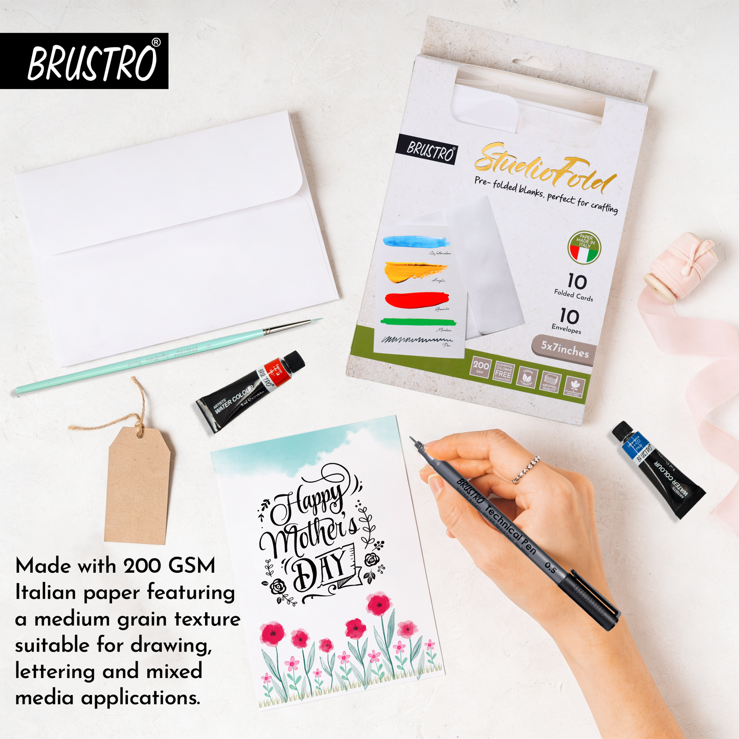 Brustro StudioFold Greeting Cards | 5x7 Inches, 200 GSM, 10 Pre-Folded Blank Cards with Envelopes, Acid-Free | Ideal For Hand-Lettering, Illustration, Watercolour & Acrylic Artwork