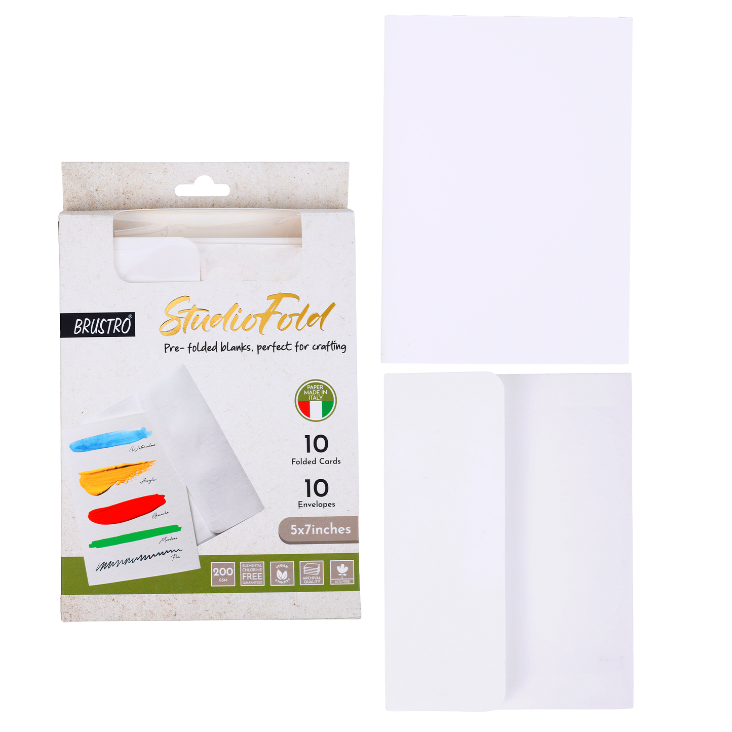 BRUSTRO StudioFold Greeting Cards|5x7 Inches, 200 GSM, 10 Pre-Folded Blank Card with Envelopes,Acid-Free Paper |Ideal For Hand-Lettering, Illustration, Menu, Watercolour, Acrylic, Pen, Pencils Artwork