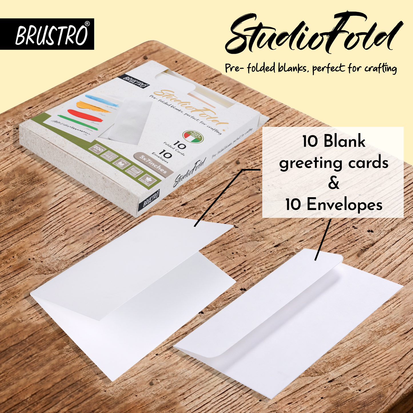 Brustro StudioFold Greeting Cards | 5x7 Inches, 200 GSM, 10 Pre-Folded Blank Cards with Envelopes, Acid-Free | Ideal For Hand-Lettering, Illustration, Watercolour & Acrylic Artwork