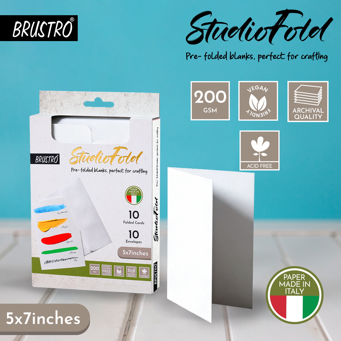 Brustro StudioFold Greeting Cards | 5x7 Inches, 200 GSM, 10 Pre-Folded Blank Cards with Envelopes, Acid-Free | Ideal For Hand-Lettering, Illustration, Watercolour & Acrylic Artwork