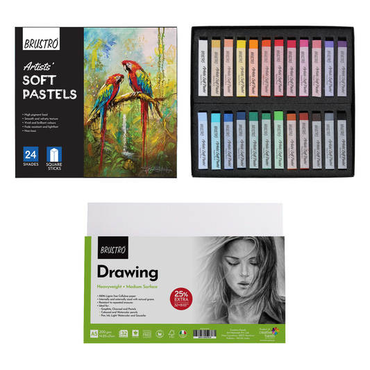 BRUSTRO Artists Soft Pastels Set of 24 With Sketching & Drawing Papers 200 GSM,Size A5, 32 + 8 Free Sheets|Highly Pigmented, Intense Shades, Fade Resistant Colours,Ideal for Coloring,Layering,Blending