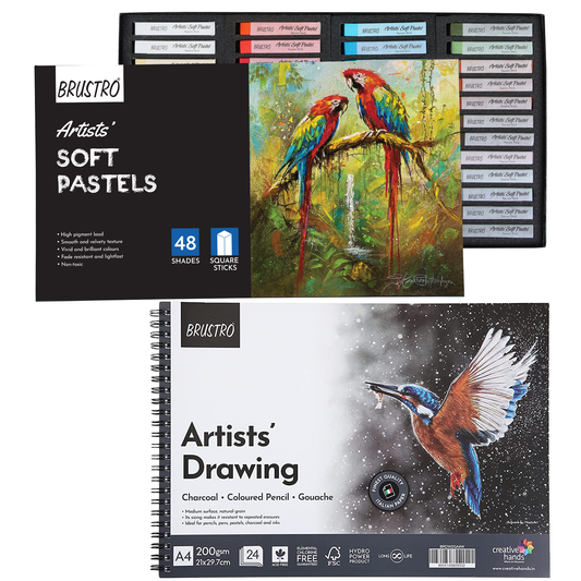 BRUSTRO Artists Soft Pastels Set of 48 with Drawing Wiro Paper Pad A4-200GSM (24 Sheets)|Highly Pigmented, Intense Shades, Vivid and Fade Resistant Colours ,Ideal for Coloring,Layering ,Blending