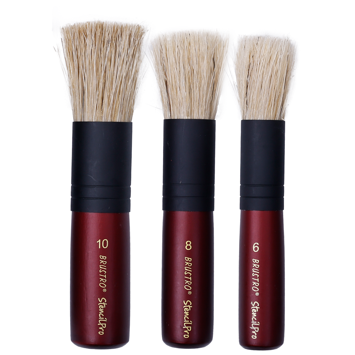 BRUSTRO StencilPro Brush Set of 3| Sizes 6, 8 & 10, Natural Hog Bristle, Wooden Short Handle, Flat-Top Brushes|Ideal for Stencilling, Texture Layering, DIY Craft Work with Acrylic, Oil, Gouache Paints