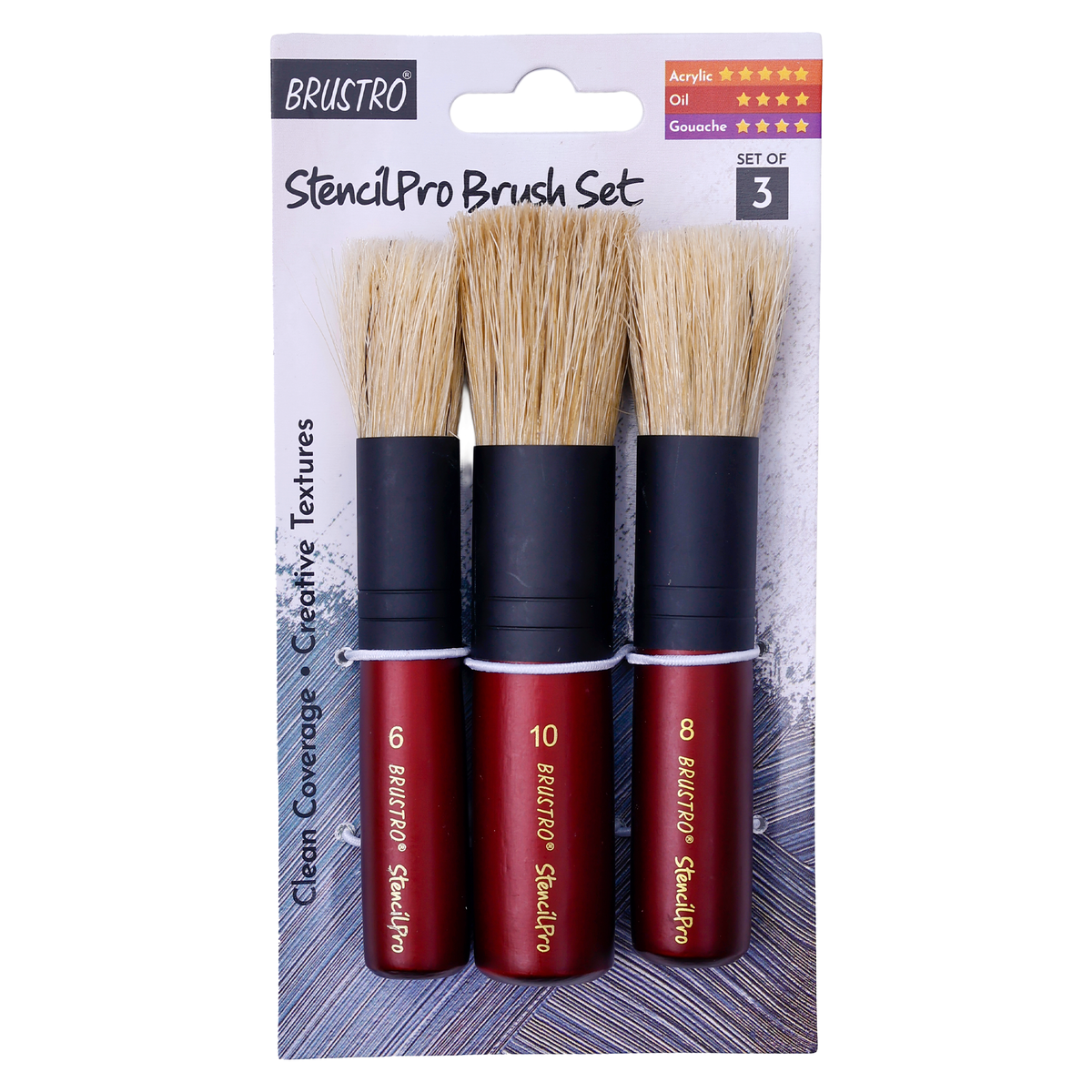 BRUSTRO StencilPro Brush Set of 3| Sizes 6, 8 & 10, Natural Hog Bristle, Wooden Short Handle, Flat-Top Brushes|Ideal for Stencilling, Texture Layering, DIY Craft Work with Acrylic, Oil, Gouache Paints