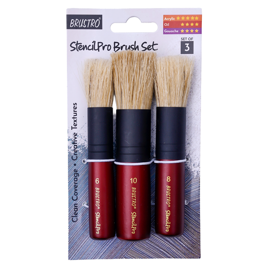 BRUSTRO StencilPro Brush Set of 3| Sizes 6, 8 & 10, Natural Hog Bristle, Wooden Short Handle, Flat-Top Brushes|Ideal for Stencilling, Texture Layering, DIY Craft Work with Acrylic, Oil, Gouache Paints