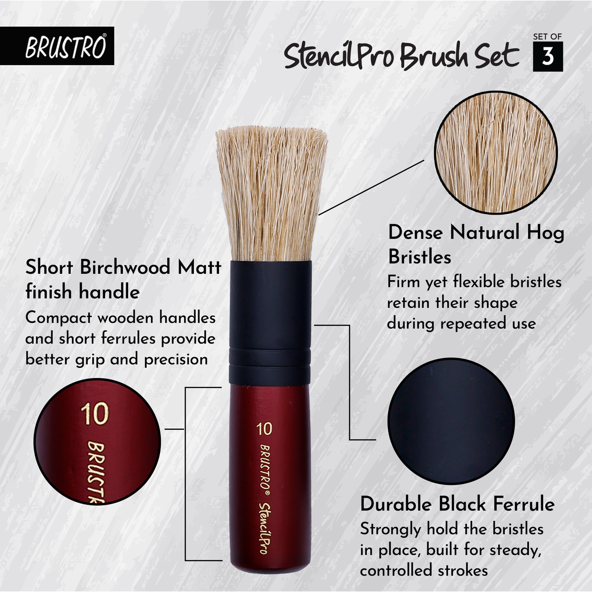 BRUSTRO StencilPro Brush Set of 3| Sizes 6, 8 & 10, Natural Hog Bristle, Wooden Short Handle, Flat-Top Brushes|Ideal for Stencilling, Texture Layering, DIY Craft Work with Acrylic, Oil, Gouache Paints