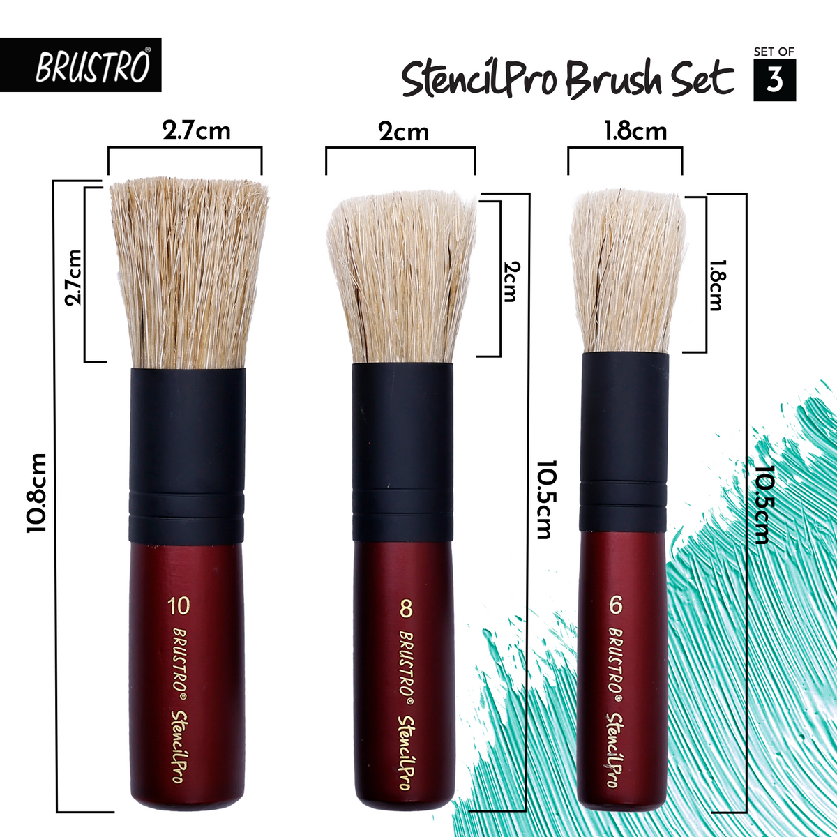 BRUSTRO StencilPro Brush Set of 3| Sizes 6, 8 & 10, Natural Hog Bristle, Wooden Short Handle, Flat-Top Brushes|Ideal for Stencilling, Texture Layering, DIY Craft Work with Acrylic, Oil, Gouache Paints