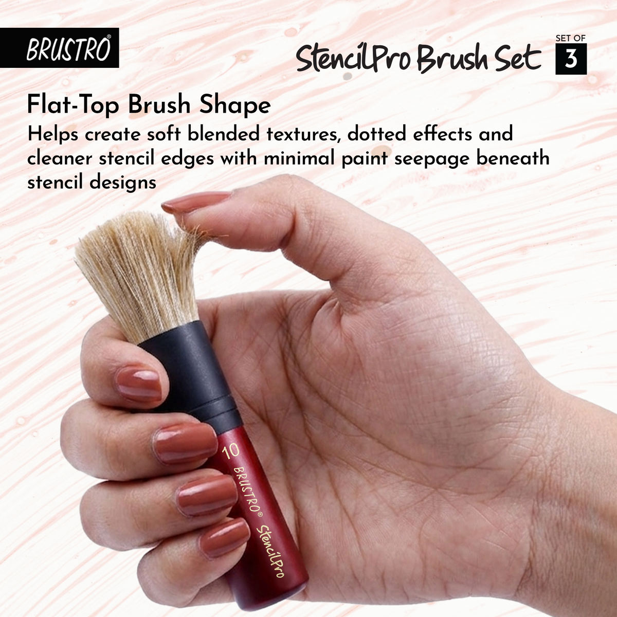 BRUSTRO StencilPro Brush Set of 3| Sizes 6, 8 & 10, Natural Hog Bristle, Wooden Short Handle, Flat-Top Brushes|Ideal for Stencilling, Texture Layering, DIY Craft Work with Acrylic, Oil, Gouache Paints