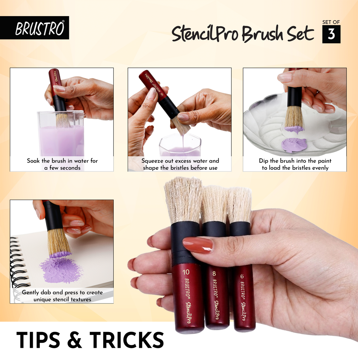 BRUSTRO StencilPro Brush Set of 3| Sizes 6, 8 & 10, Natural Hog Bristle, Wooden Short Handle, Flat-Top Brushes|Ideal for Stencilling, Texture Layering, DIY Craft Work with Acrylic, Oil, Gouache Paints