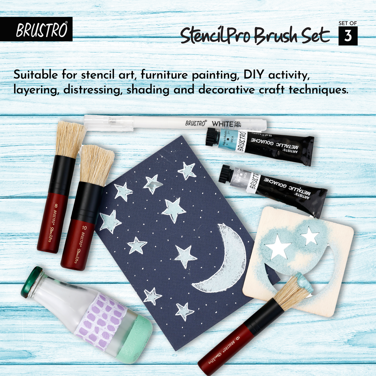 BRUSTRO StencilPro Brush Set of 3| Sizes 6, 8 & 10, Natural Hog Bristle, Wooden Short Handle, Flat-Top Brushes|Ideal for Stencilling, Texture Layering, DIY Craft Work with Acrylic, Oil, Gouache Paints