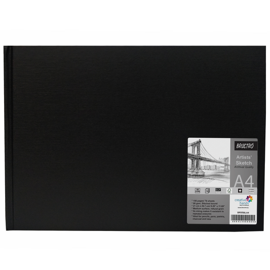BRUSTRO Artists Sketch Book Stitched Bound A4 Size, Landscape, 156 Pages, 90 GSM (Acid Free Ivory Papers,Medium Surface,Natural Grain)|Ideal for Sketching,Shading,Drawing with Pencil,Charcoal,Graphite