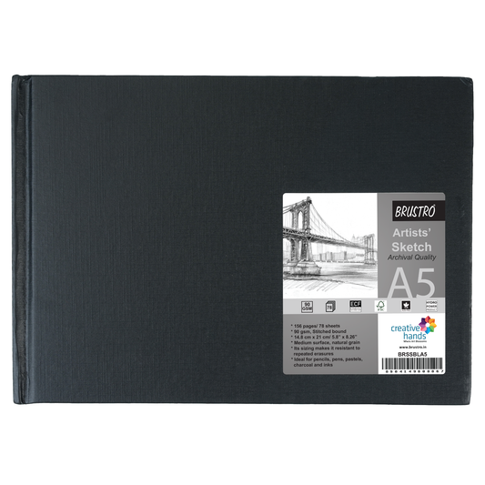 BRUSTRO Artists Sketch Book Stitched Bound A5 Size, Landscape, 156 Pages, 90 GSM (Acid Free Ivory Papers,Medium Surface,Natural Grain)|Ideal for Sketching,Shading,Drawing with Pencil,Charcoal,Graphite