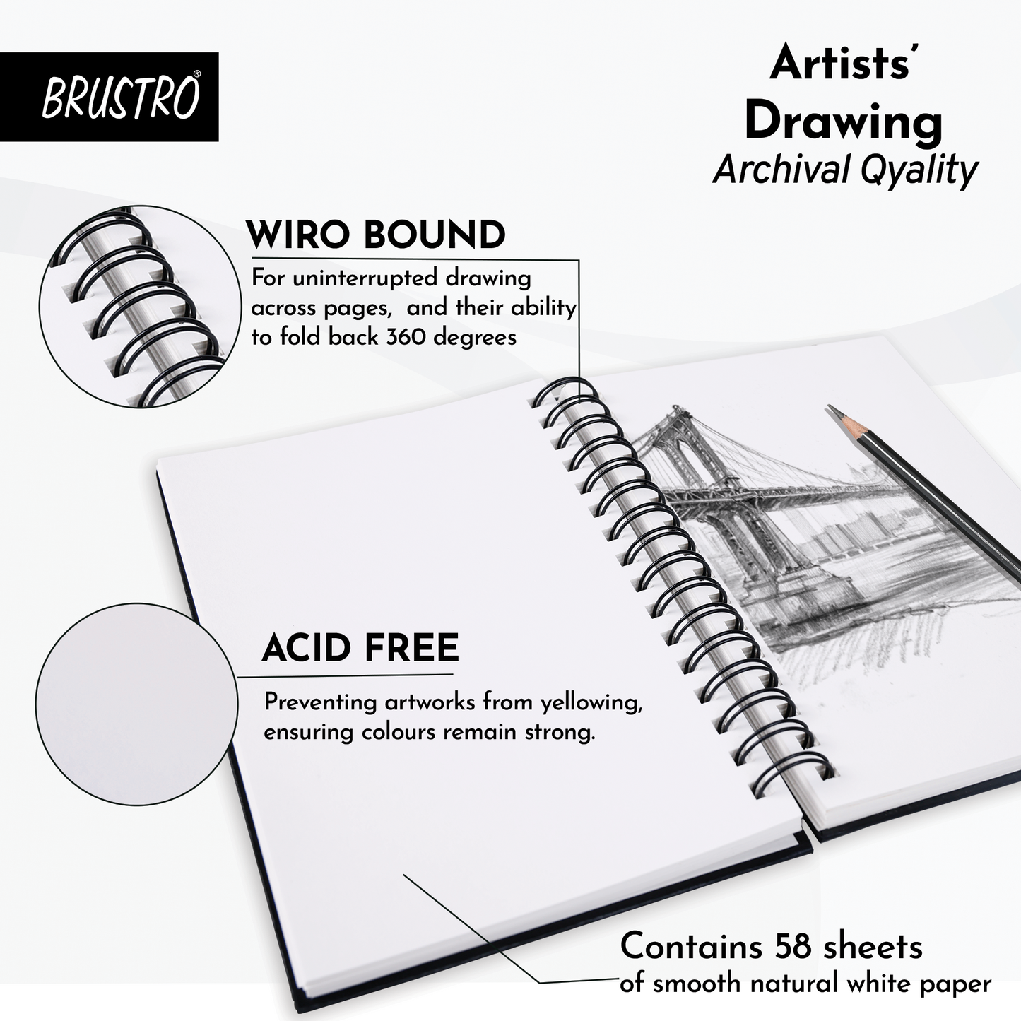 Brustro Artists Sketch Book Wiro Bound A5 Size ( 14.8 CM x 21 CM ), 116 Pages,160 GSM (Acid Free)