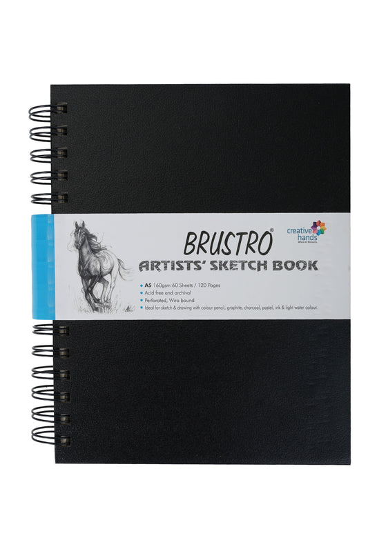 BRUSTRO Artists Wiro Bound Sketch Book | Spiral | A5 Size | 120 Pages - 160 GSM | Ideal for Drawing, Sketching, Mandala, Shading Art, Students, School, Office | Medium Surface,Natural Grain