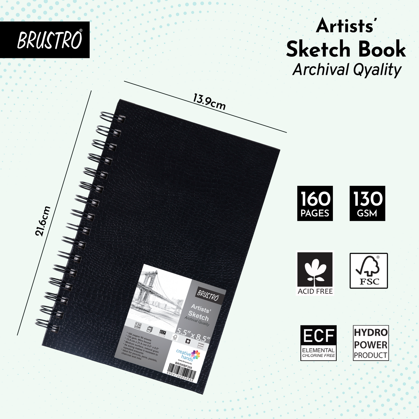 Brustro Artists Wiro Bound Sketch Book , Size 5.5" x 8.5" (Inches), 160 Pages / 80 Sheets , 130 GSM , Medium Surface, Natural Grain