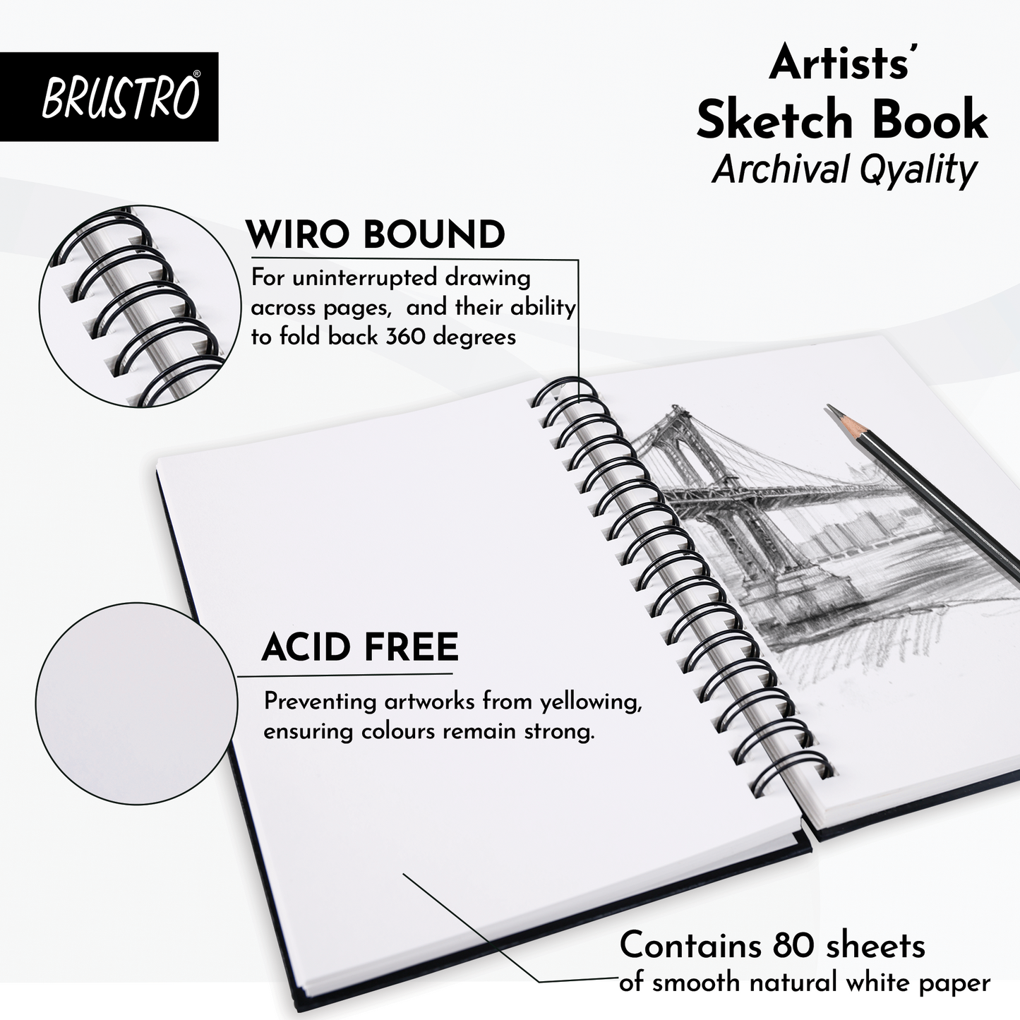 Brustro Artists Wiro Bound Sketch Book , Size 5.5" x 8.5" (Inches), 160 Pages / 80 Sheets , 130 GSM , Medium Surface, Natural Grain