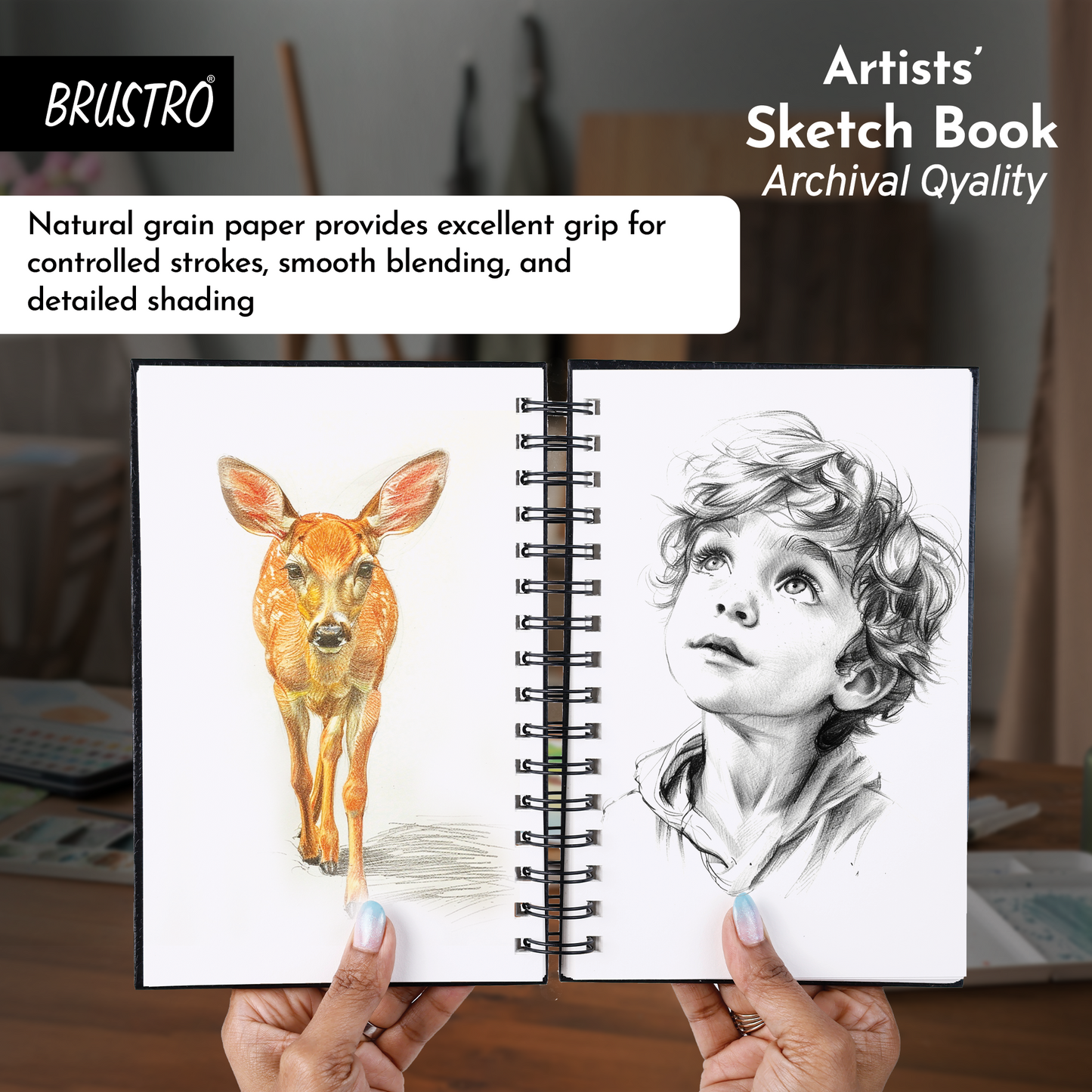 Brustro Artists Wiro Bound Sketch Book , Size 5.5" x 8.5" (Inches), 160 Pages / 80 Sheets , 130 GSM , Medium Surface, Natural Grain