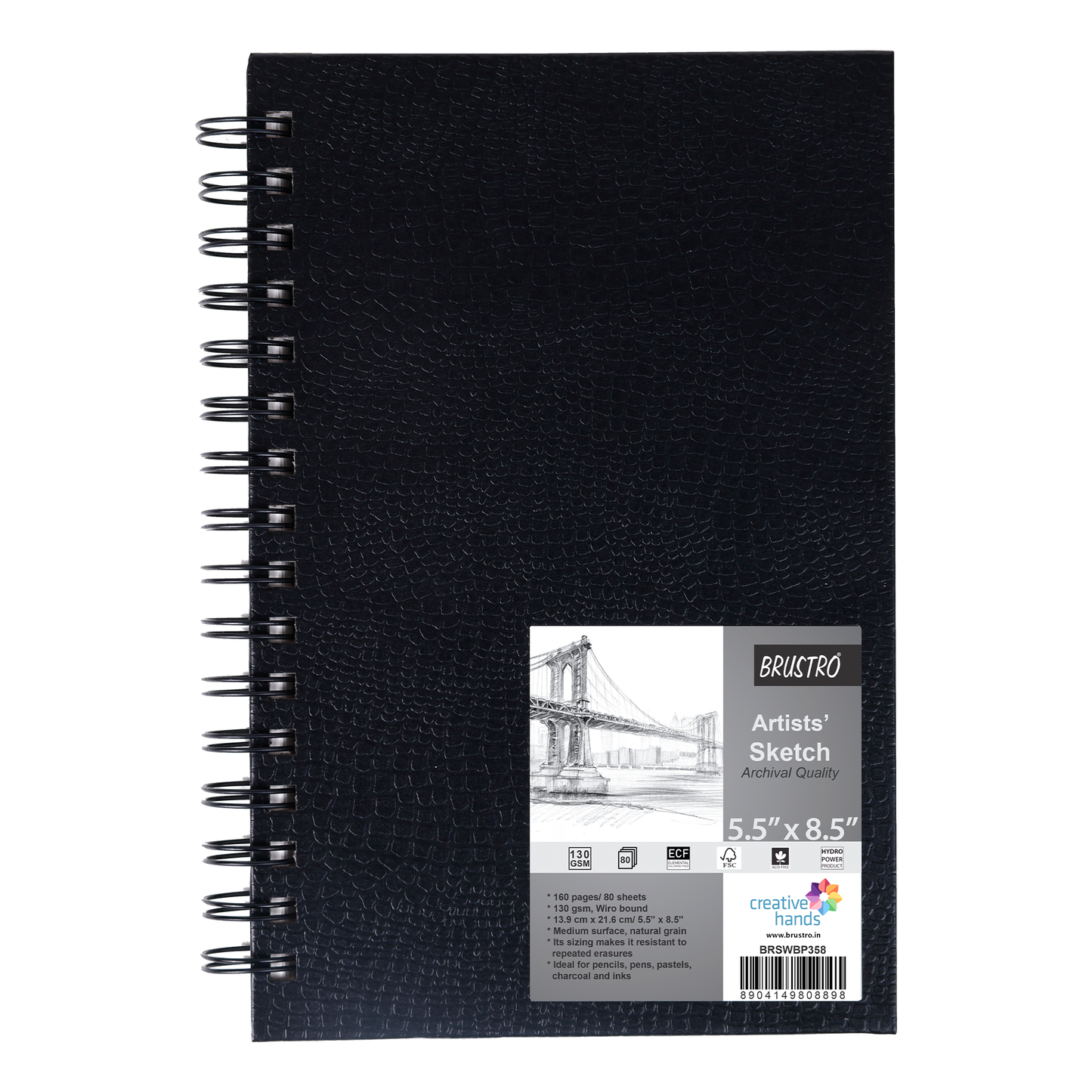 Brustro Artists Wiro Bound Sketch Book , Size 5.5" x 8.5" (Inches), 160 Pages / 80 Sheets , 130 GSM , Medium Surface, Natural Grain