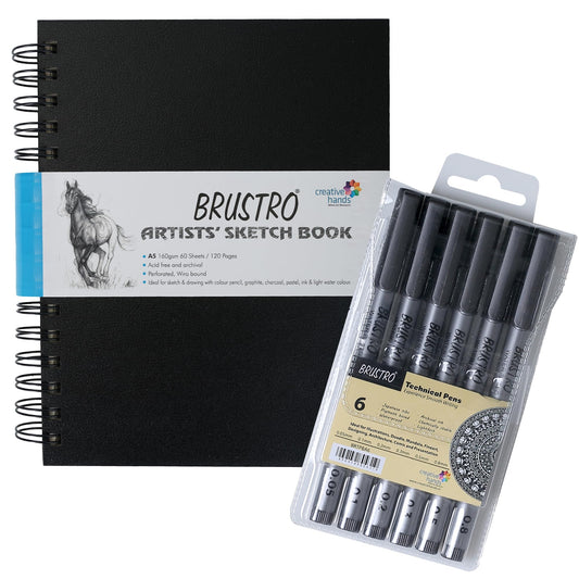 BRUSTRO Technical Pen Assorted Set of 6 with Artist Sketch Book 110 GSM A5 Wiro Journal (156 Pages)