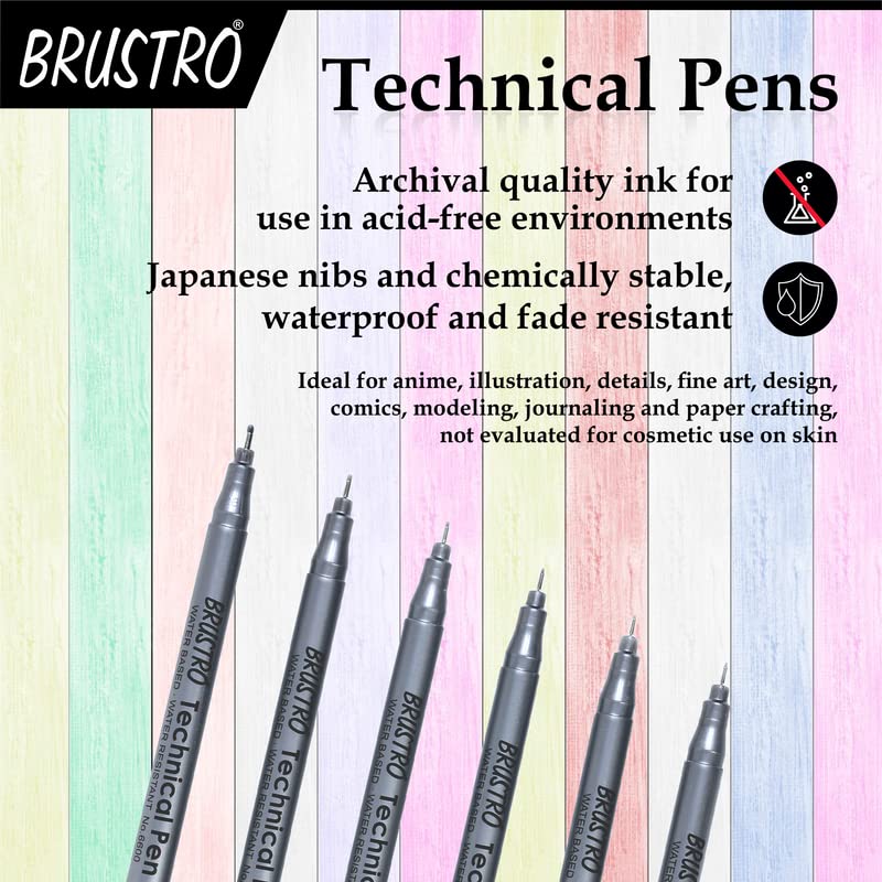 BRUSTRO Technical Pen Assorted Set of 6 with Artist Sketch Book 110 GSM A5 Wiro Journal (156 Pages)