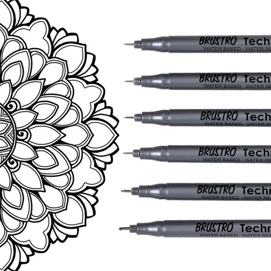 BRUSTRO Technical Pen Fineliner Set|Black| Set of 6| Tip Size- 0.05mmI0.1mmI0.2mm|0.3mmI0.5mmI0.8mm|Ideal for Students,Adults|Doodle,Mandala,Fineart,Outline,Waterproof,Architecture,Technical Drawing