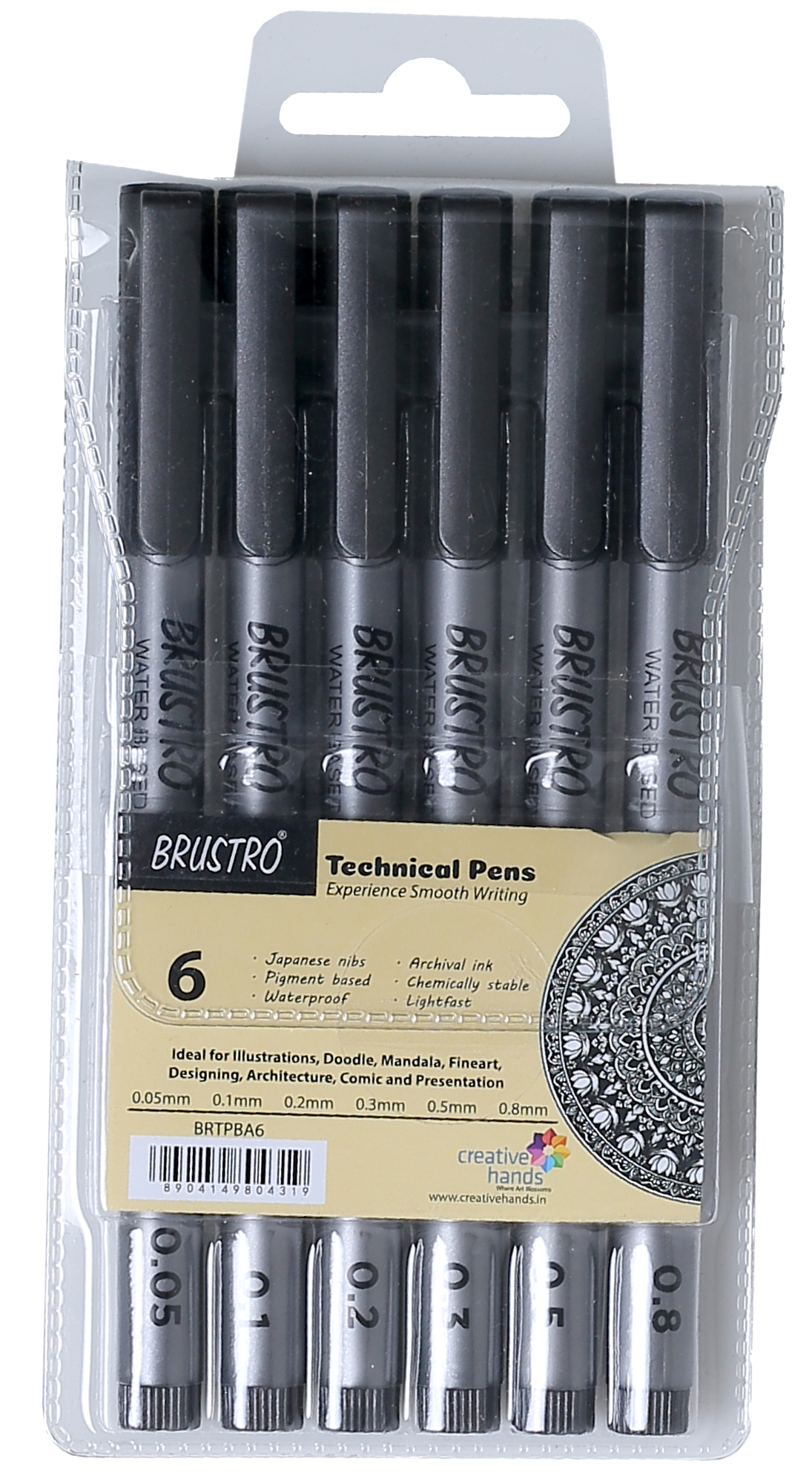 BRUSTRO Technical Pen Fineliner Set|Black| Set of 6| Tip Size- 0.05mmI0.1mmI0.2mm|0.3mmI0.5mmI0.8mm|Ideal for Students,Adults|Doodle,Mandala,Fineart,Outline,Waterproof,Architecture,Technical Drawing