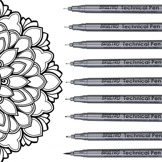 BRUSTRO Technical Pen Fineliner Set| Black| Tip Size- 0.05|0.1|0.2|0.3|0.4|0.5|0.6|0.8 mm| & Brush - Set of 9 | Ideal for Doodle,Mandala,Fineart,Architecture,Technical Drawing,Illustrations,Waterproof