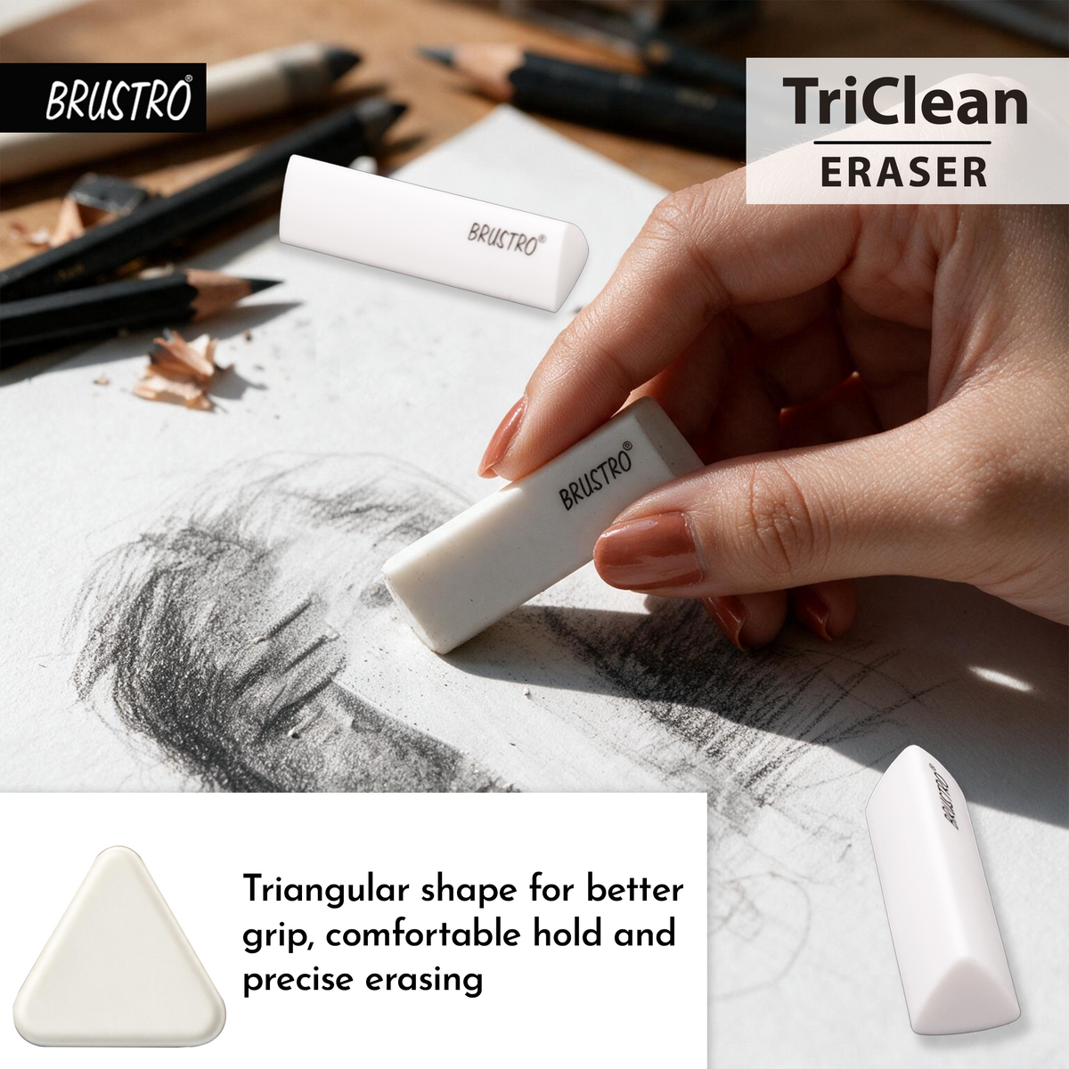 Brustro TriClean Triangle Eraser, Pack of 1 (Total 6 Erasers) , Dust & PVC Free, TPE Material | Ideal for Sketching, Drawing, Graphite and Charcoal, Artists, Students, Hobbyists