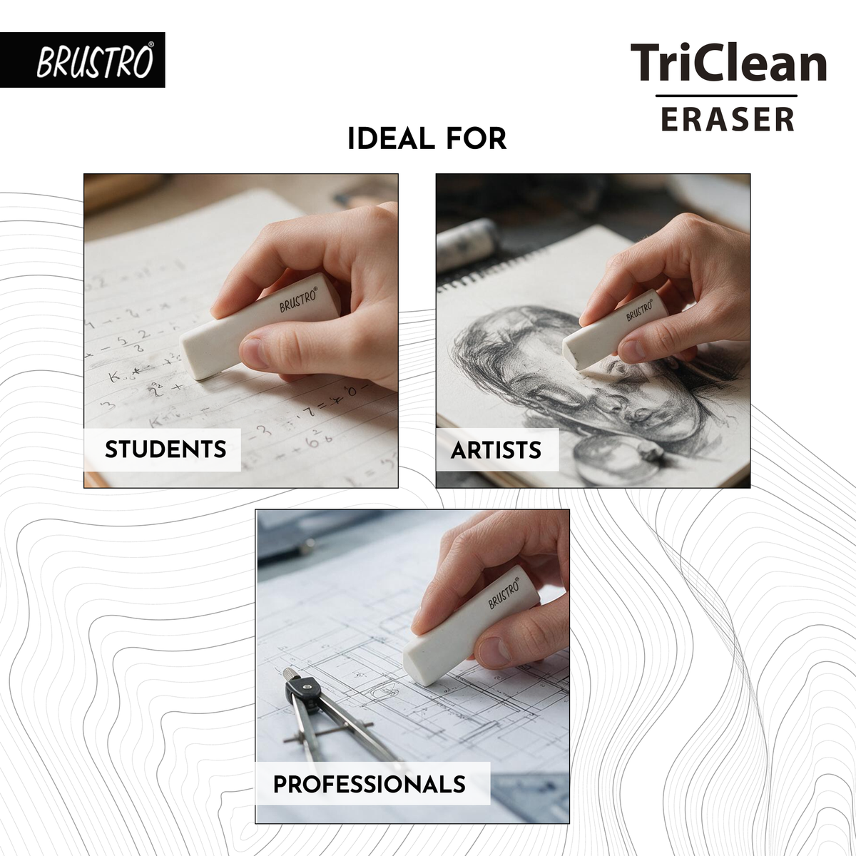 Brustro TriClean Triangle Eraser, Pack of 1 (Total 6 Erasers) , Dust & PVC Free, TPE Material | Ideal for Sketching, Drawing, Graphite and Charcoal, Artists, Students, Hobbyists