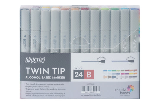 BRUSTRO Twin Tip Alcohol Based Marker Set of 24 Basic (B) in Crossline PP See Through Box