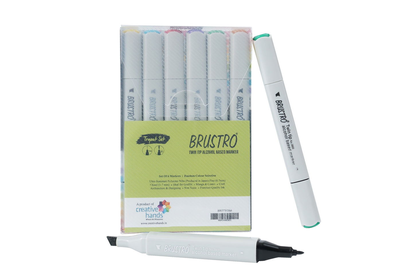 Brustro Twin Tip Alcohol Based Marker Set of 6 - Tryout Set with Random Color Selection
