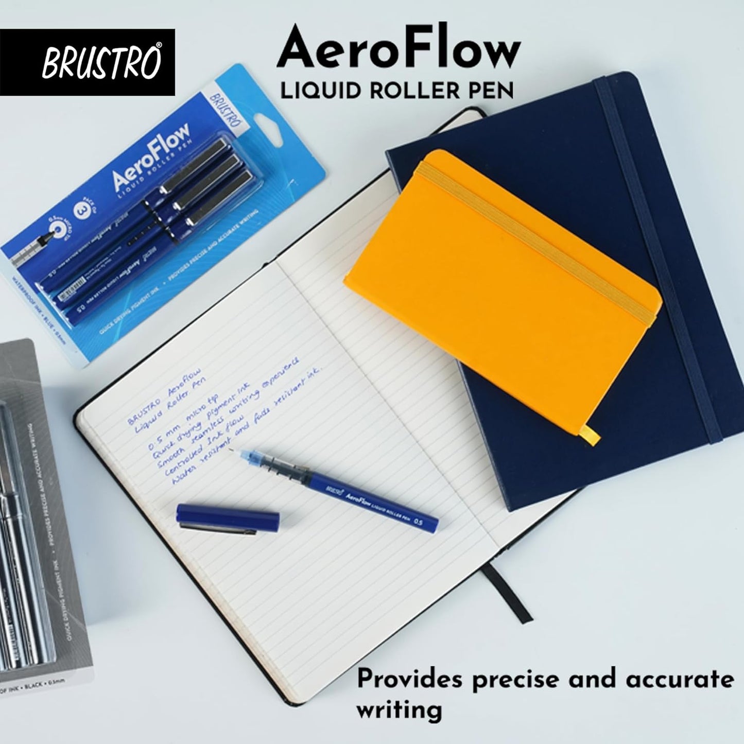 BRUSTRO AeroFlow Liquid Ink Rollerball Pens | Blue | 0.5mm, Micro Tip | Pack of 3| Ideal for Students, Professionals, Office, Exam use, Accurate Smooth Writing, Fade Resistant