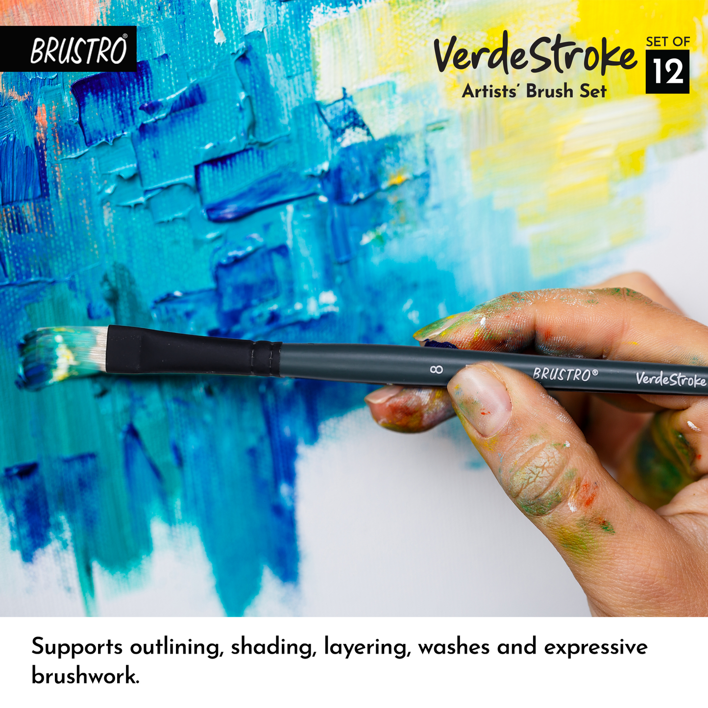 BRUSTRO Artists’ VerdeStroke Brush Set of 12 with free Brush Roll | Natural Hog Bristles, Birchwood Handles| Ideal for Acrylic, Oil Painting & Charcoal Blending on Paper, Canvas, Boards