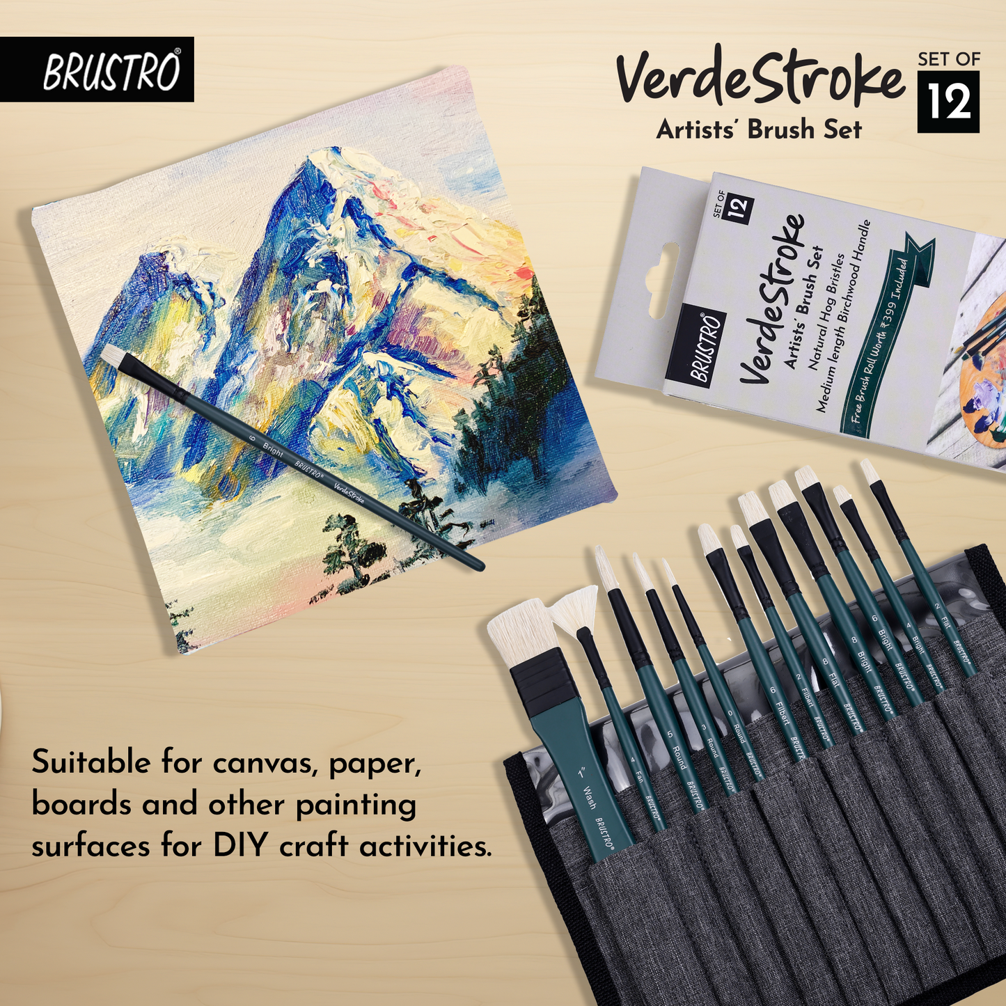 BRUSTRO Artists’ VerdeStroke Brush Set of 12 with free Brush Roll | Natural Hog Bristles, Birchwood Handles| Ideal for Acrylic, Oil Painting & Charcoal Blending on Paper, Canvas, Boards