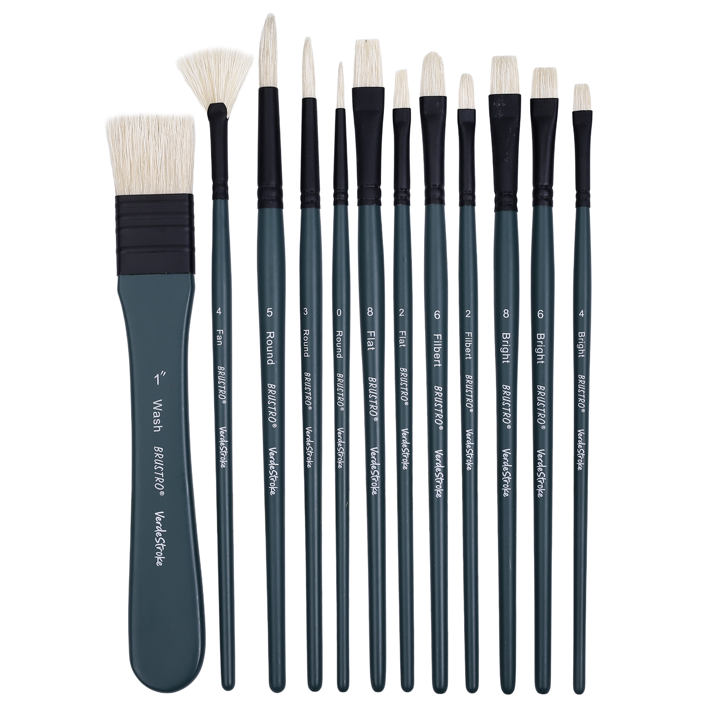 BRUSTRO Artists’ VerdeStroke Brush Set of 12 with free Brush Roll | Natural Hog Bristles, Birchwood Handles| Ideal for Acrylic, Oil Painting & Charcoal Blending on Paper, Canvas, Boards
