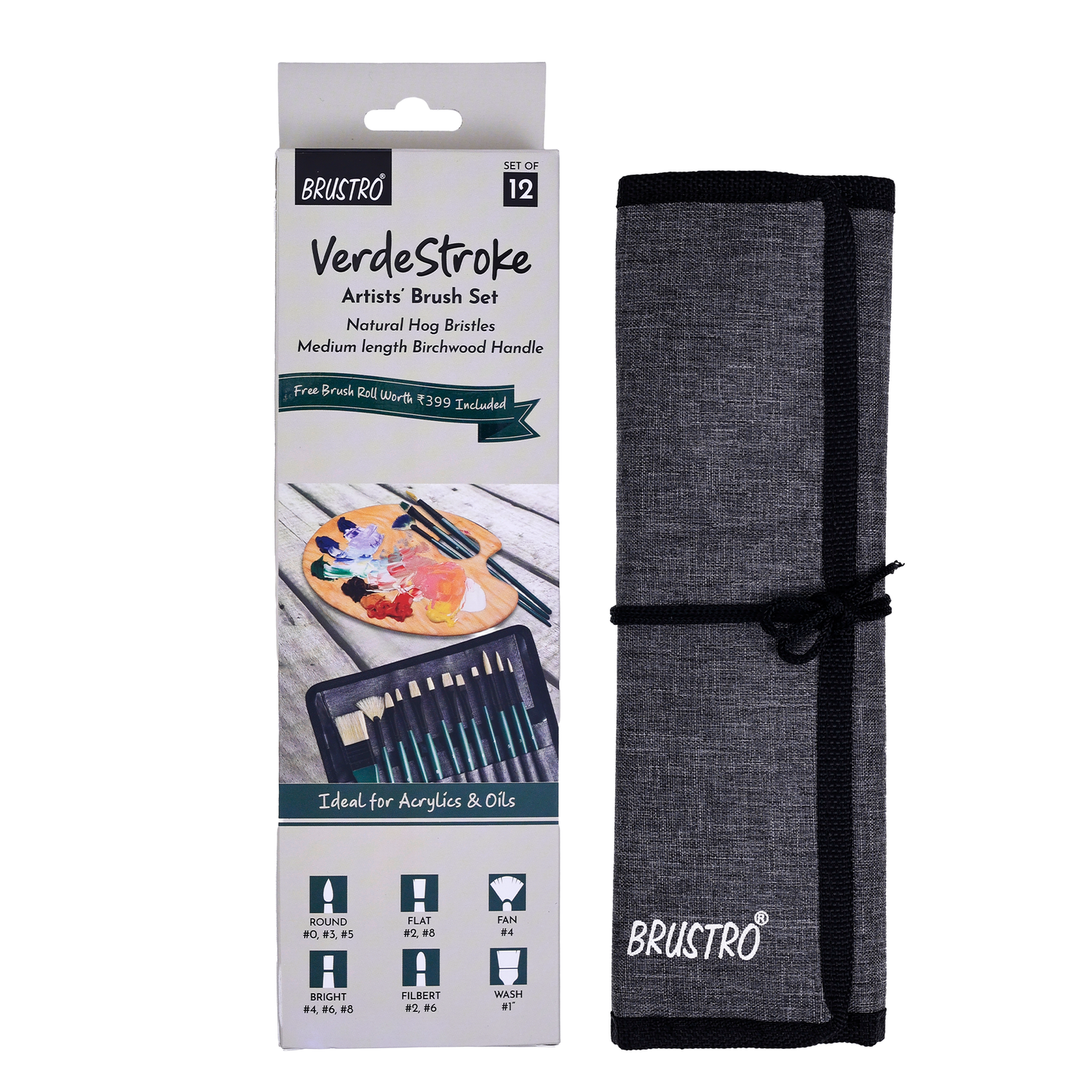 BRUSTRO Artists’ VerdeStroke Brush Set of 12 with free Brush Roll | Natural Hog Bristles, Birchwood Handles| Ideal for Acrylic, Oil Painting & Charcoal Blending on Paper, Canvas, Boards