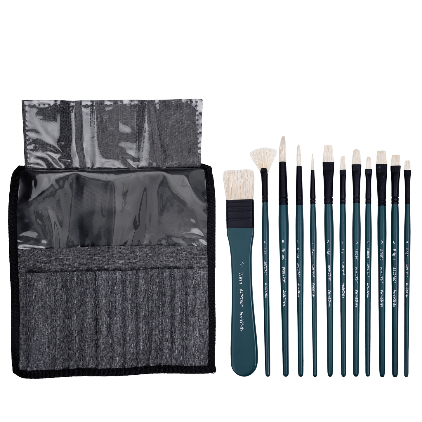 BRUSTRO Artists’ VerdeStroke Brush Set of 12 with free Brush Roll | Natural Hog Bristles, Birchwood Handles| Ideal for Acrylic, Oil Painting & Charcoal Blending on Paper, Canvas, Boards