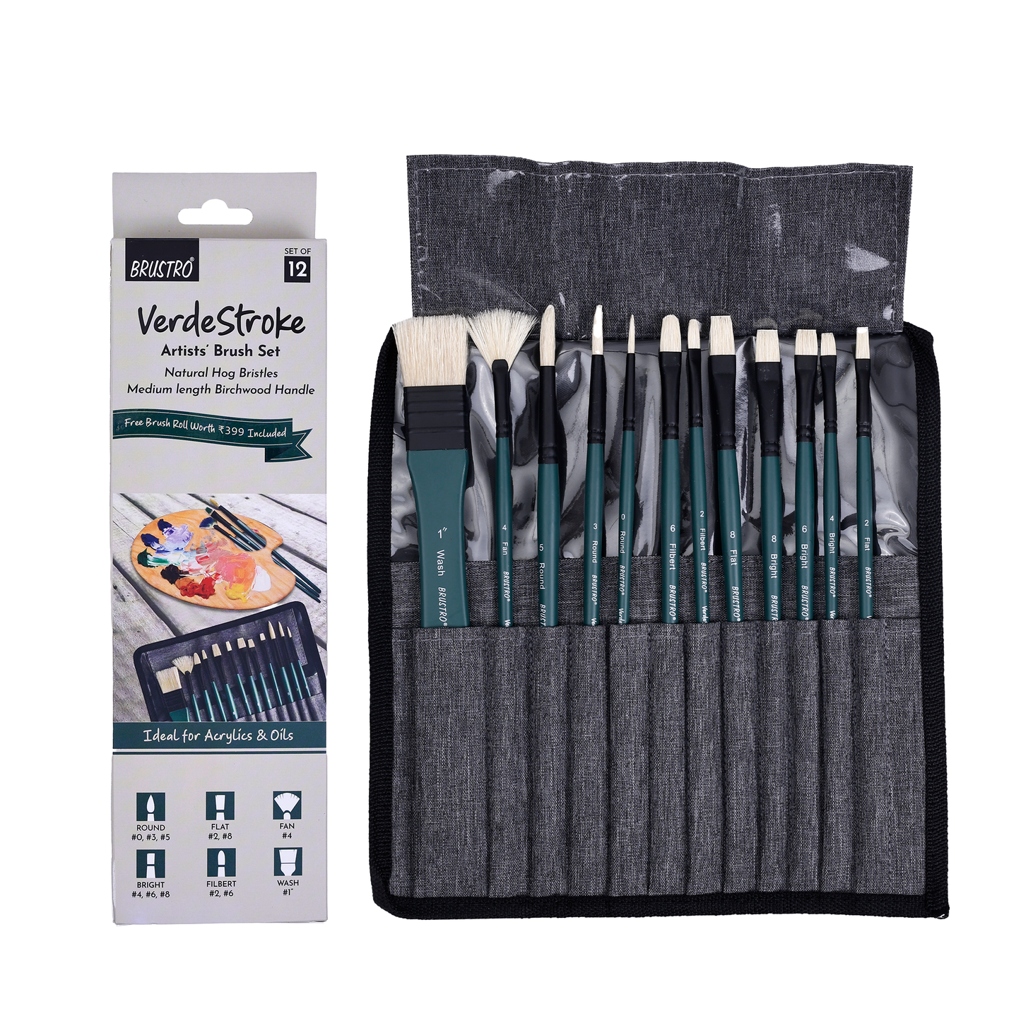 BRUSTRO Artists’ VerdeStroke Brush Set of 12 with free Brush Roll | Natural Hog Bristles, Birchwood Handles| Ideal for Acrylic, Oil Painting & Charcoal Blending on Paper, Canvas, Boards