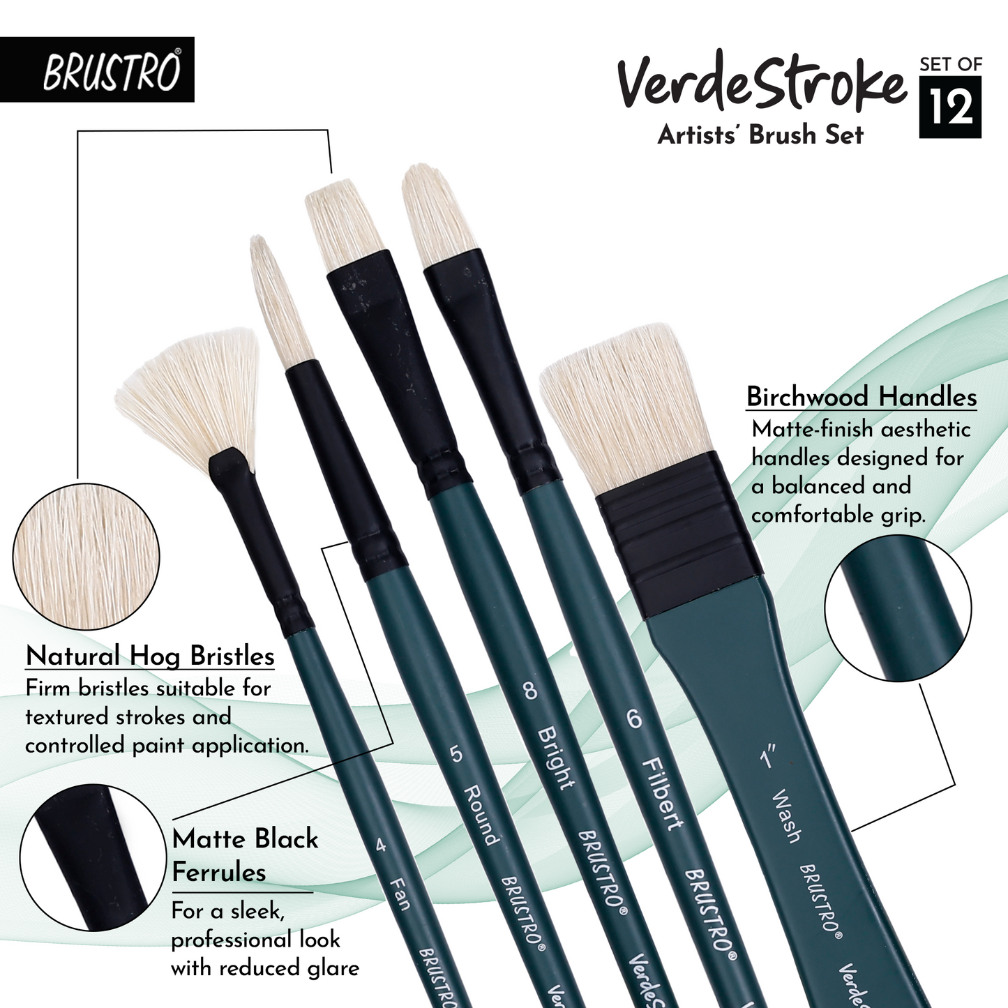 BRUSTRO Artists’ VerdeStroke Brush Set of 12 with free Brush Roll | Natural Hog Bristles, Birchwood Handles| Ideal for Acrylic, Oil Painting & Charcoal Blending on Paper, Canvas, Boards