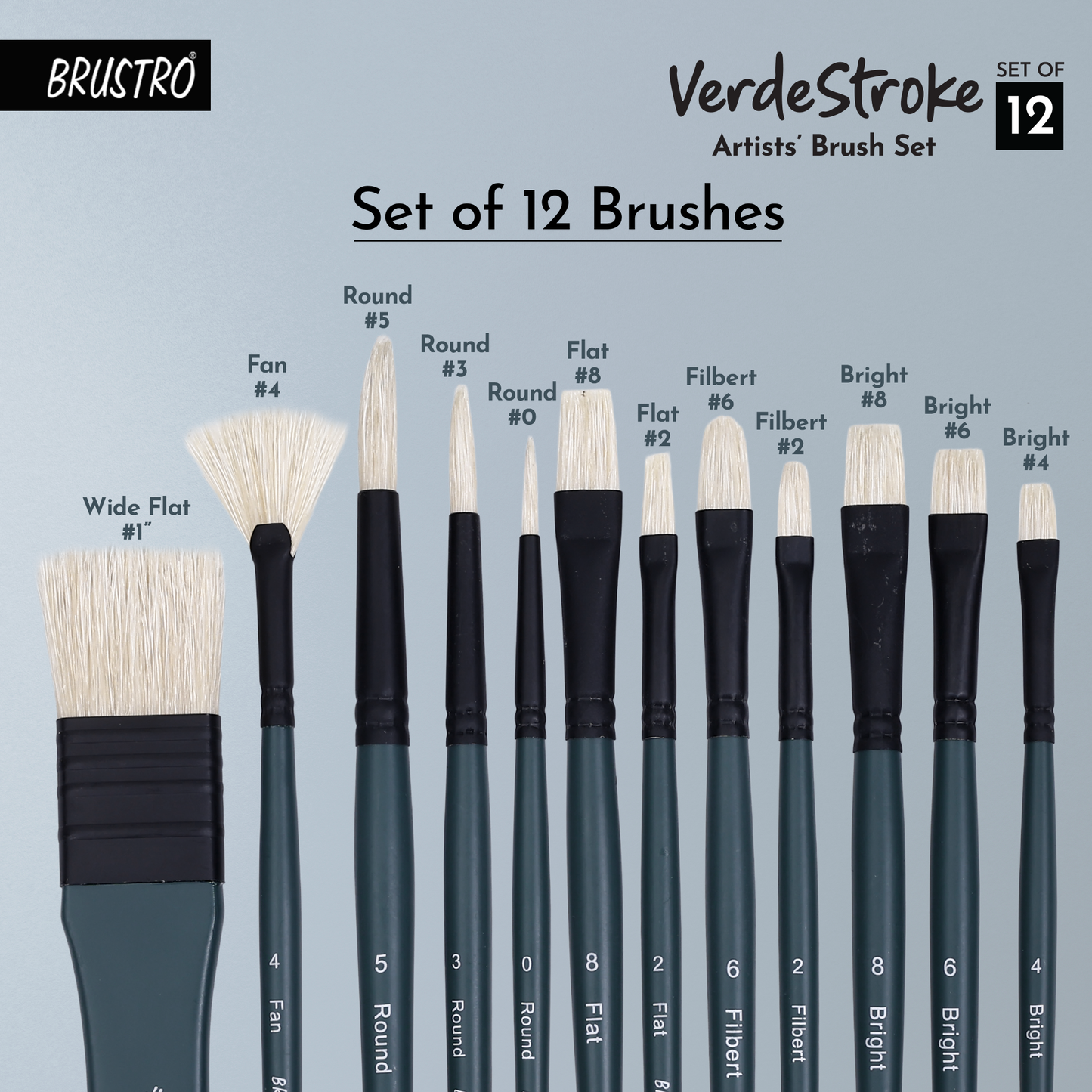 BRUSTRO Artists’ VerdeStroke Brush Set of 12 with free Brush Roll | Natural Hog Bristles, Birchwood Handles| Ideal for Acrylic, Oil Painting & Charcoal Blending on Paper, Canvas, Boards